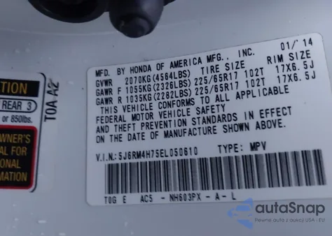 2014 Honda Cr-V Ex-L from USA, damaged, VIN 5J6RM4H75EL050610